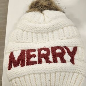 NEW Cozy White Beanie with Red 'Merry' Text